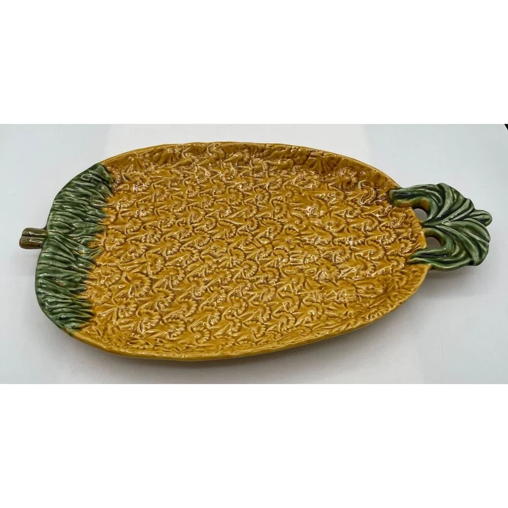 Olfaire Large Majolica Pineapple Plate Dish Serving Tray 15x9 Made in Portugal